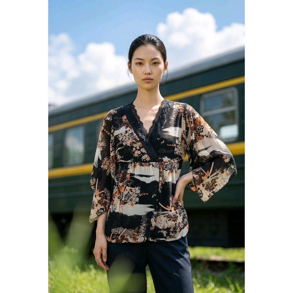 Forever Black Floral Semi Sheer S Top Split Bell Sleeve Empire Waist Satin Trim